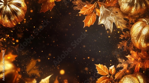 Golden Autumn Background With Pumpkins And Leaves.  Perfect For Fall  Celebrations, Thanksgiving, And More. photo