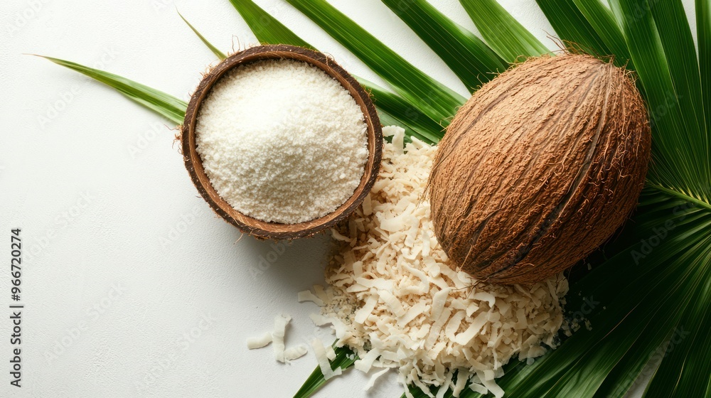 A coconut sits on a white surface with some powder and a leaf A coconut sits on a white surface with some powder and a leaf