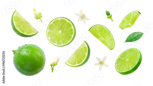 Lime has water drop with lime slices and flower texture isolated on white background , Clipping path.