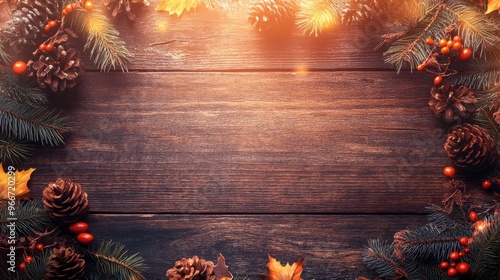 Rustic christmas background: pine cones, berries, and autumn leaves on wooden plank photo