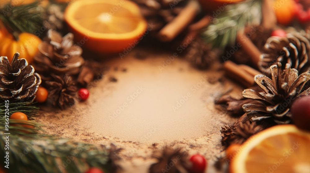 Warm Winter Background With Pine Cones, Oranges, And Cinnamon Sticks. Warm Winter Background With Pine Cones, Oranges, And Cinnamon Sticks.
