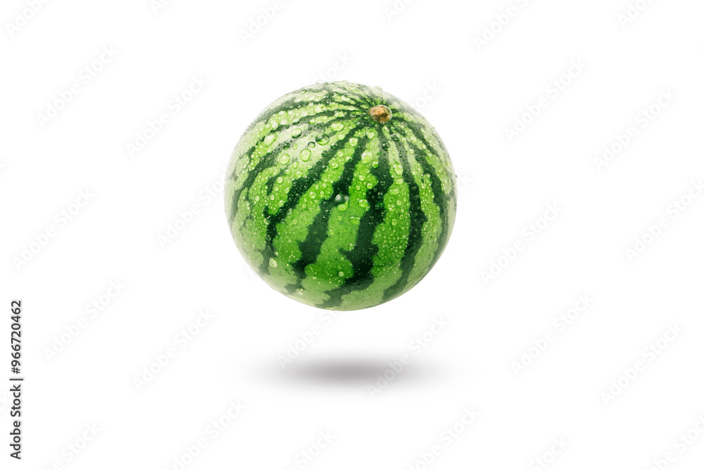 Flying watermelon has water drop with shadow isolated on white background, clipping path.