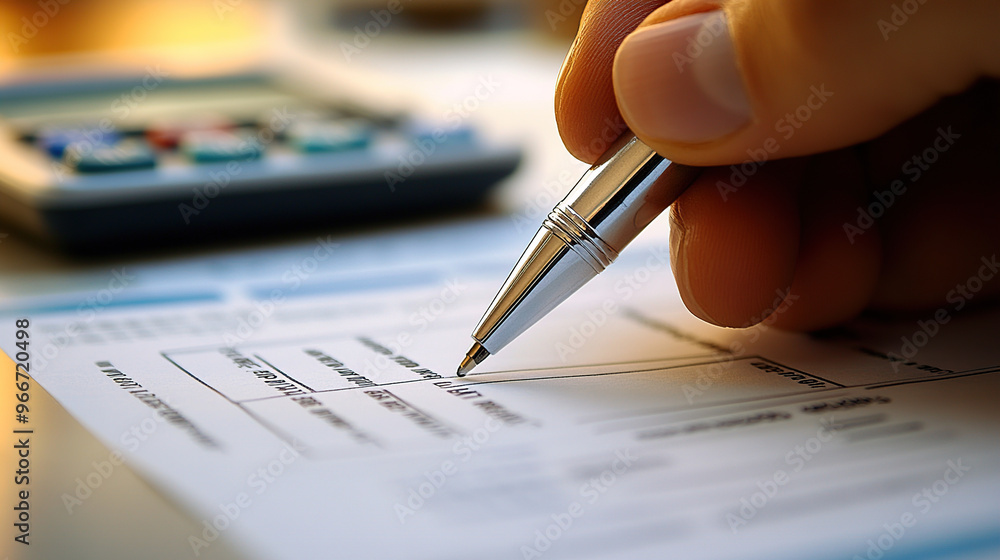 A person's hand holding an ink pen, writing on financial documents with a calculator in the background A person's hand holding an ink pen, writing on financial documents with a calculator in the background