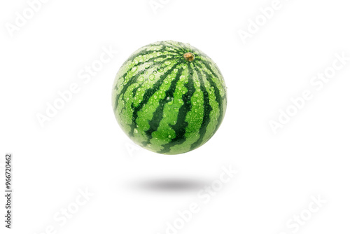 Flying watermelon has water drop with shadow isolated on white background, clipping path.