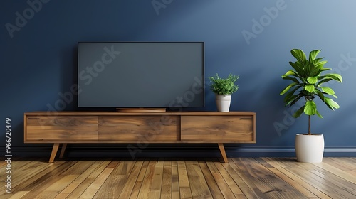 TV cabinet with plant on wood flooring and dark blue wall in living room