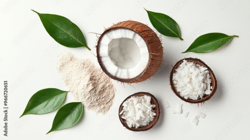 A coconut sits on a white surface with some powder and a leaf A coconut sits on a white surface with some powder and a leaf