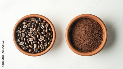 Two bowls of coffee beans and coffee powder