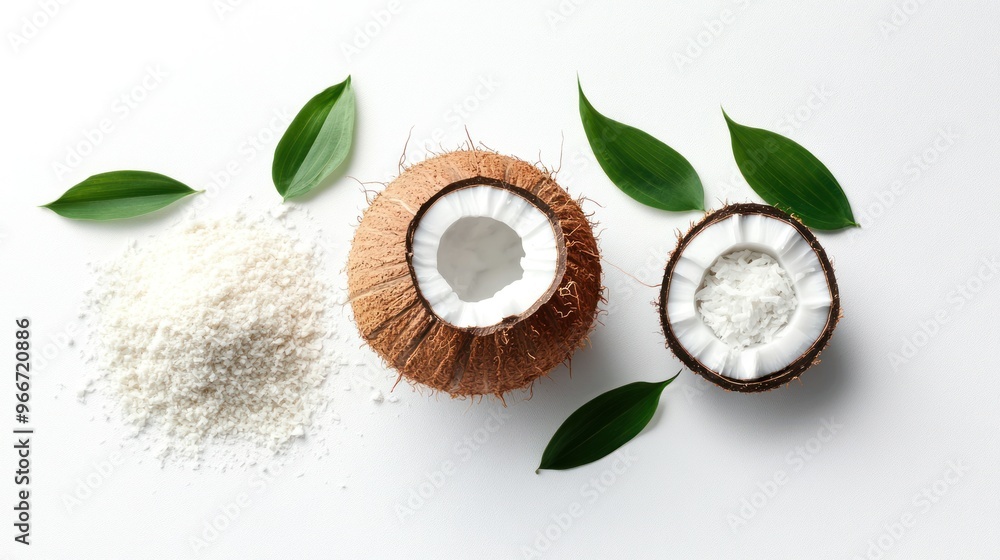 A coconut sits on a white surface with some powder and a leaf A coconut sits on a white surface with some powder and a leaf