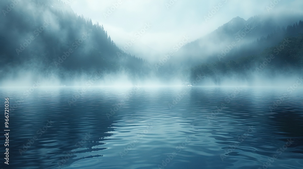 Fototapeta premium Misty mountain lake with calm, reflecting water.