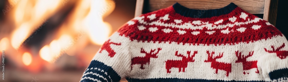 Artisan hand-knit Christmas sweater with reindeer pattern, lying on a wooden chair beside a crackling fire, cozy winter vibes Artisan hand-knit Christmas sweater with reindeer pattern, lying on a wooden chair beside a crackling fire, cozy winter vibes