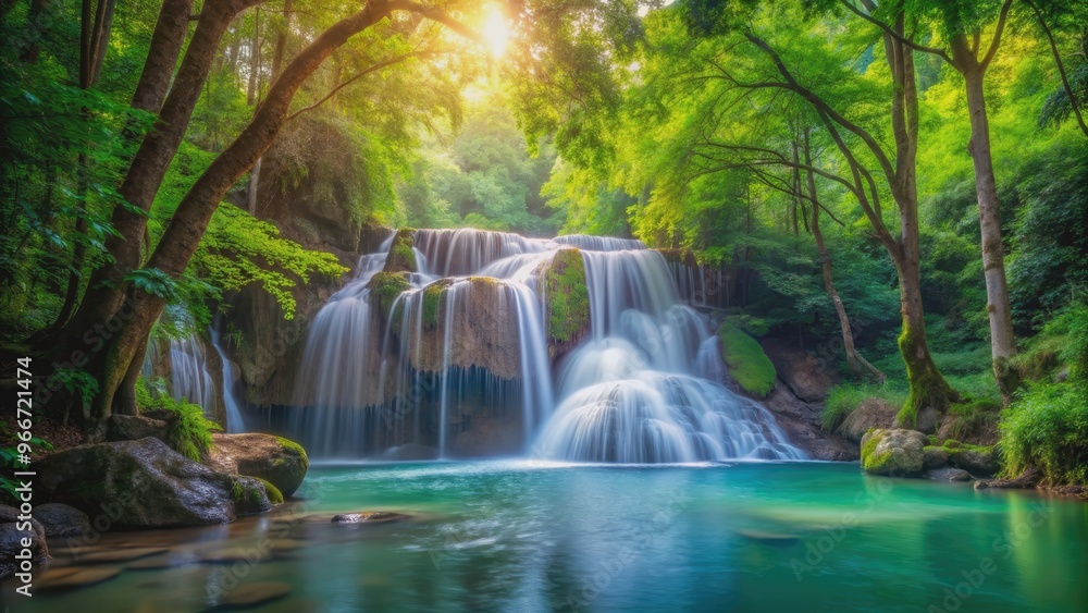 Obraz premium Serenity of a deep forest waterfall , enchanted, oasis, exploring, panoramic, nature, serene, tranquil, waterfall