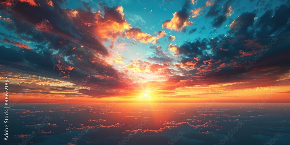 Naklejka premium Vibrant clouds and setting sun in bright colorful sunset sky above dark landscape