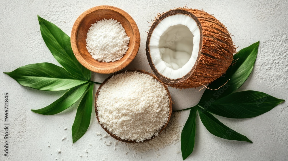 A coconut sits on a white surface with some powder and a leaf A coconut sits on a white surface with some powder and a leaf