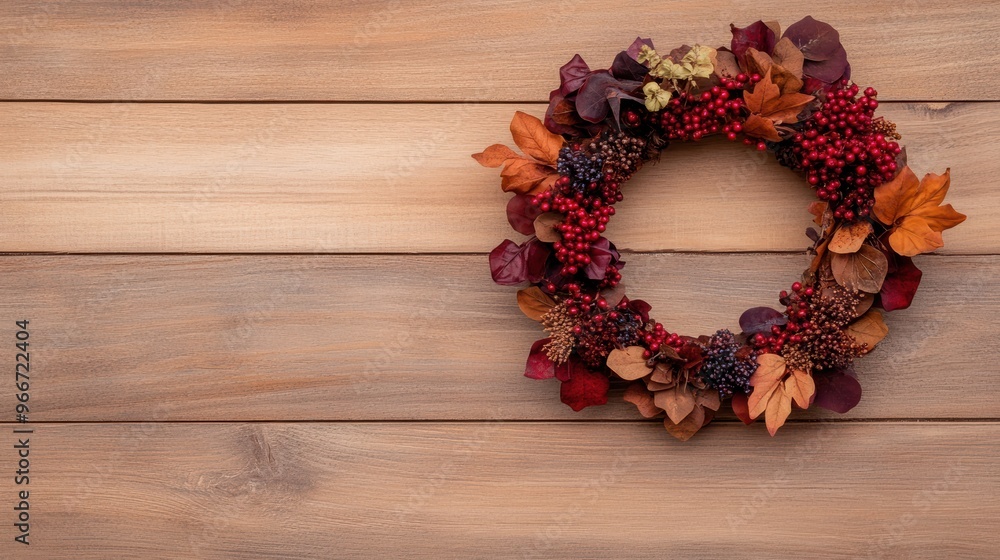 Festive wreath made from dried flowers and berries, hanging on a rustic wooden door with a natural background Festive wreath made from dried flowers and berries, hanging on a rustic wooden door with a natural background