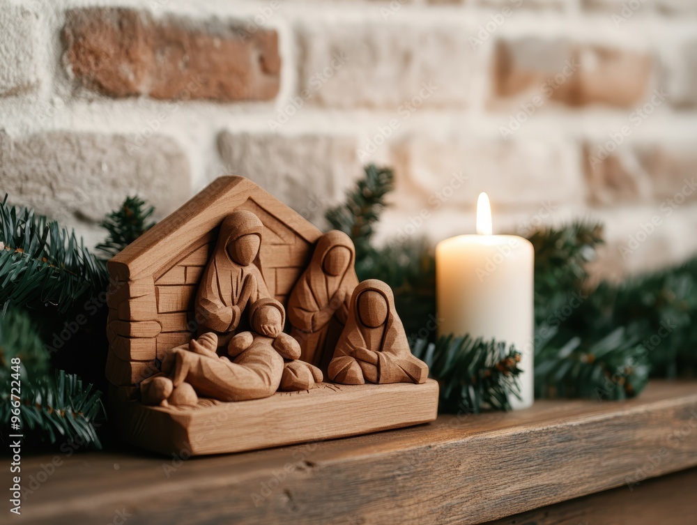 Hand-carved wooden nativity scene displayed on a rustic mantel, warm glow of holiday candles illuminating the figures Hand-carved wooden nativity scene displayed on a rustic mantel, warm glow of holiday candles illuminating the figures