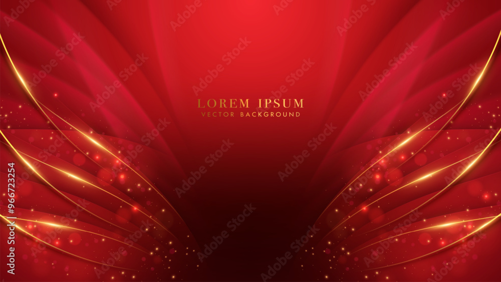 Luxury red background with golden curved lines, bokeh, and glittering light effects
