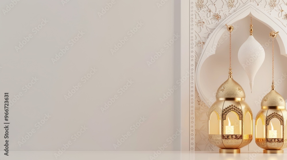 Golden Lanterns with Intricate Details Against a White Wall Golden Lanterns with Intricate Details Against a White Wall