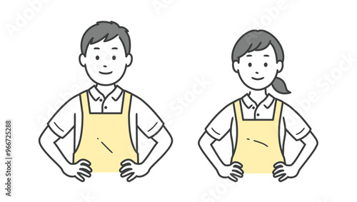 腰に手を当てて自信を見せる介護士男女の上半身イラスト
