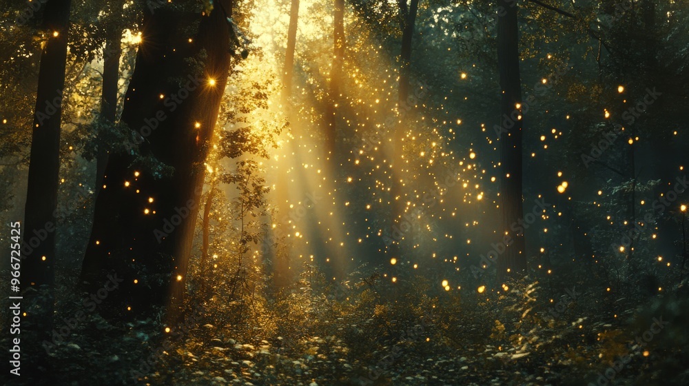 Obraz premium Golden Light Filtering Through Forest Trees With Fireflies