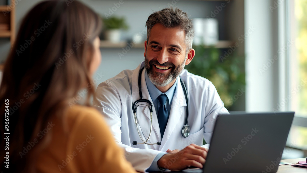 Smiling doctor in white coat conducting a patient consultation with stethoscope in hand Smiling doctor in white coat conducting a patient consultation with stethoscope in hand