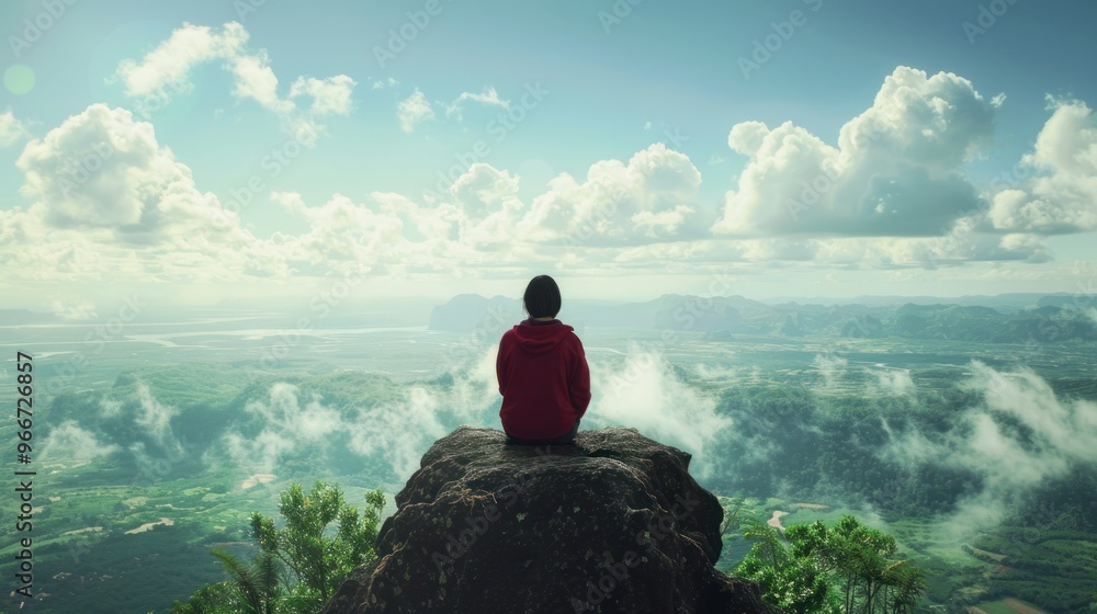 Fototapeta premium Woman sitting on a cliff overlooking a misty valley.