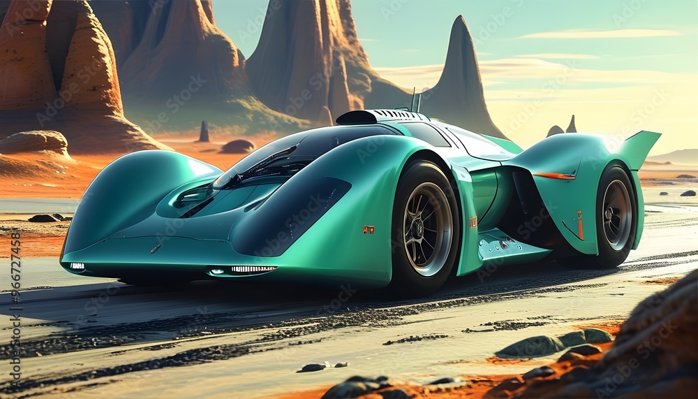 Futuristic emerald racing car speeds across alien landscape showcasing ...