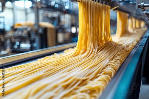 Long strands of spaghetti moving along a conveyor belt in a food factory. photo