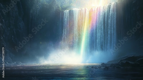 Majestic Waterfall with a Rainbow and a Misty Pool