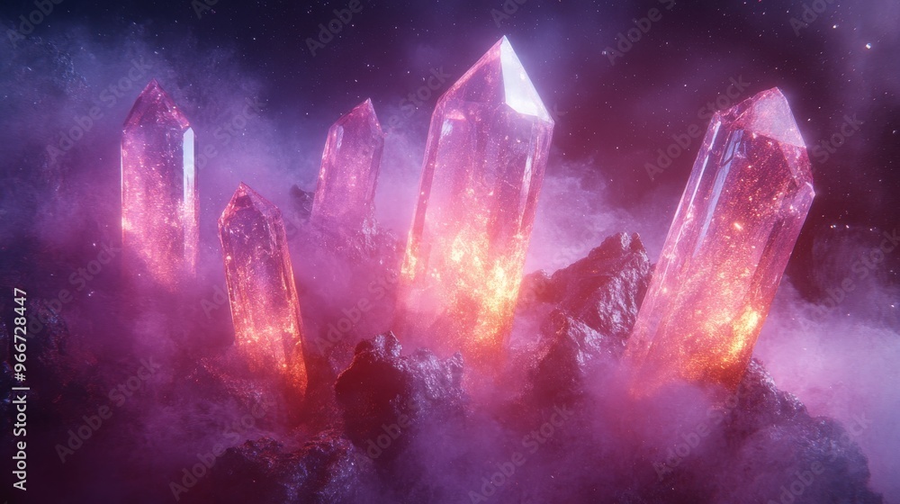 Glowing Pink Crystal Formations in a Foggy, Starry Sky Glowing Pink Crystal Formations in a Foggy, Starry Sky