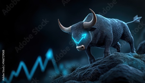 Powerful Bull With Blue Arrow Eyes and a Rising Graph in the Background