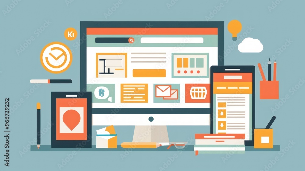 Flat Design Illustration of a Desk with a Computer and Smartphone Showing Web Pages. Flat Design Illustration of a Desk with a Computer and Smartphone Showing Web Pages.
