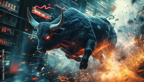 Fiery Bull Charging Through Stock Market Data