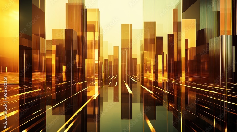 Obraz premium A cityscape with tall buildings and a river in the background. The buildings are made of glass and the sky is a mix of orange and yellow