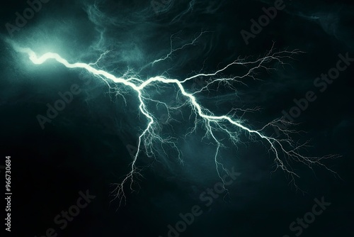 lightning bolt. Massive lightning bolt with branches isolated on black background. lightning effects and lighting thunderstorm , ai photo