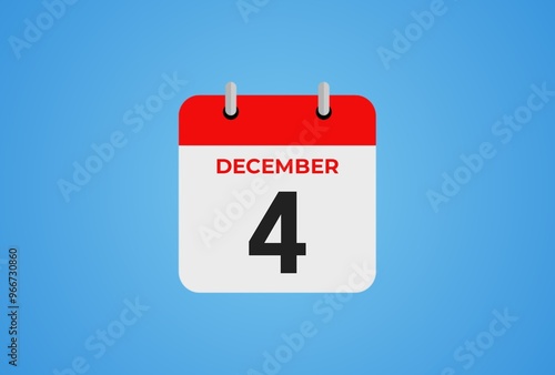 Icon calendar day. 4 December. 4th days of the month, illustration style. Date day of week Sunday, Monday, Tuesday, Wednesday, Thursday, Friday, Saturday.