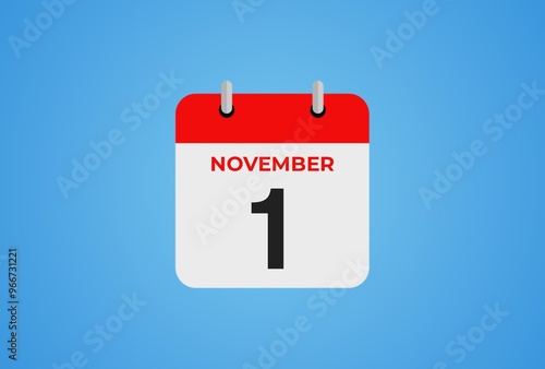 Icon calendar day. 1 November. 1th day of the month, illustration style. Date day of week Sunday, Monday, Tuesday, Wednesday, Thursday, Friday, Saturday.