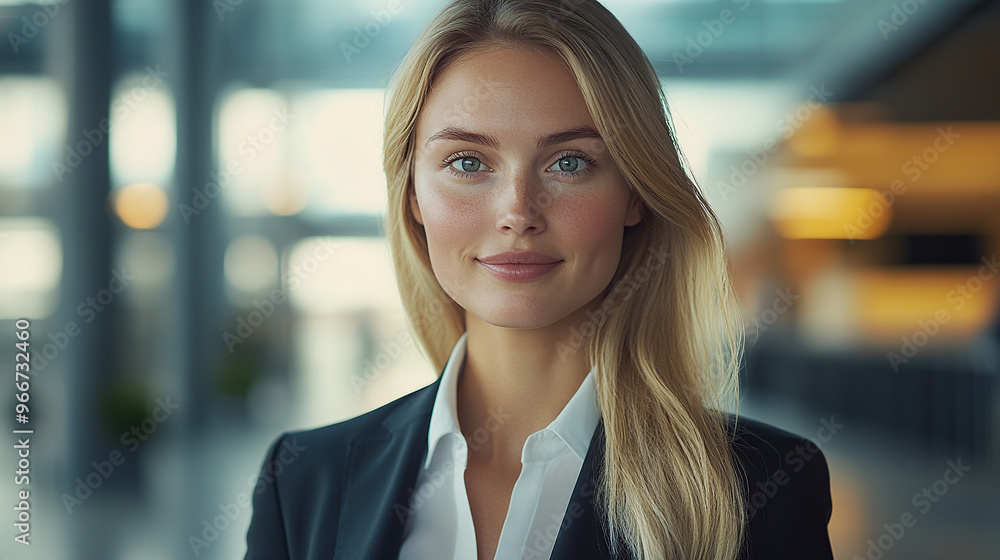 Fototapeta premium a woman in a business suit with blonde hair, slight smile looking at the camera
