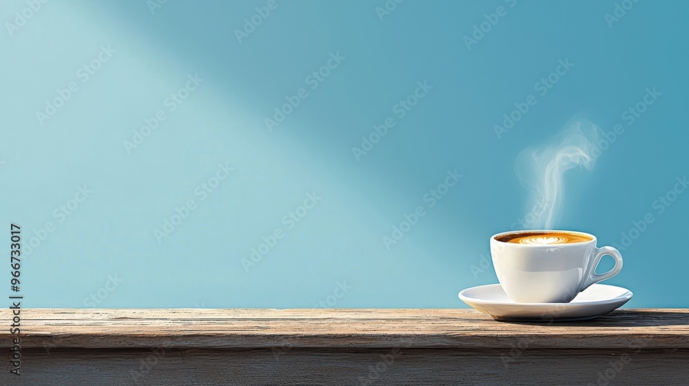 Serene Watercolor of Espresso Cup and Saucer on Rustic Wooden Table with Coffee Steam and Copy Space for Text Serene Watercolor of Espresso Cup and Saucer on Rustic Wooden Table with Coffee Steam and Copy Space for Text