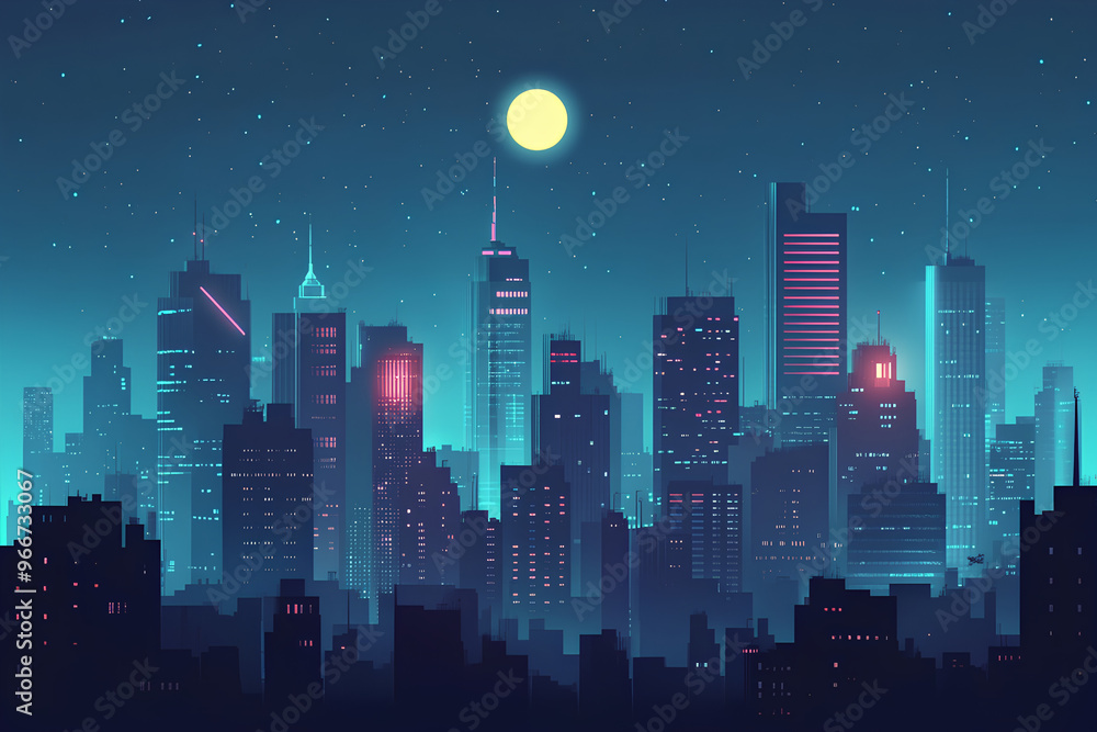A vibrant digital cityscape at night with glowing buildings and a bright moon. A vibrant digital cityscape at night with glowing buildings and a bright moon.