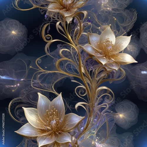 Dreamlike, iridescent fractal formations cradle luminescent exotic flowers, suspended in mid-air, surrounded by a soft, shimmering aura, evoking an otherworldly atmosphere
