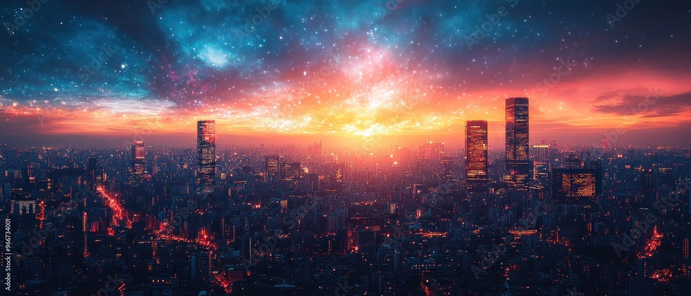 Obraz premium Cityscape at Twilight with a Starry Sky Above