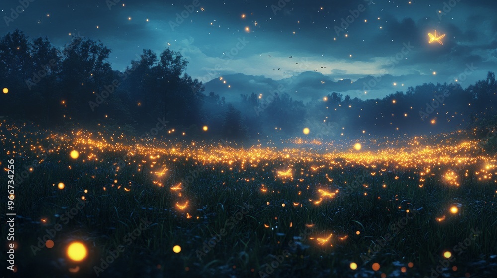 A Field of Fireflies Glowing in the Night Sky A Field of Fireflies Glowing in the Night Sky