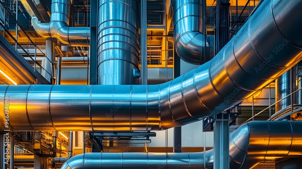 A large industrial plant with many pipes and valves. Concept of industry and machinery A large industrial plant with many pipes and valves. Concept of industry and machinery