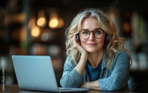 Elderly patient with hearing aid, attentively listening to doctor's instructions during online consultation, warm light highlighting her thoughtful expression