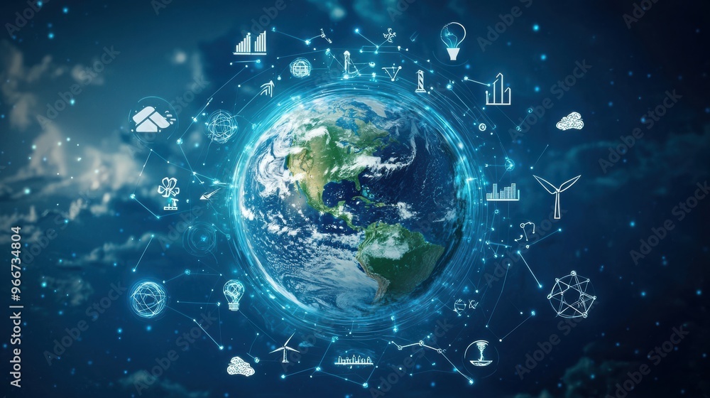 Obraz premium Global Digital Ecosystem Connecting the World Through Sustainable Technology