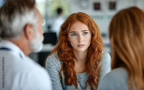 Wallpaper Mural Father comforting daughter as doctor listens to her chest with stethoscope, soft light creating calming atmosphere in examination room Torontodigital.ca