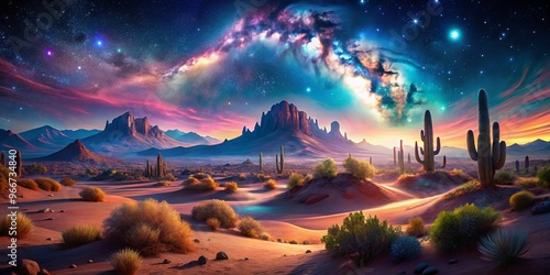 Enchanting neon desert landscape under starry sky, a dreamy and magical scene perfect for fantasy and wanderlust concepts photo