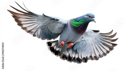 A beautiful pigeon in flight showcasing its vibrant feathers and graceful wings against a white background. photo