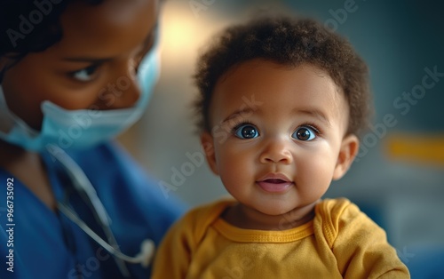 Doctor holding baby while checks the infant's reflexes, soft light creating a sense of trust and security, focus on baby's peaceful expression
