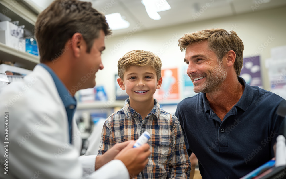 Doctor demonstrating proper inhaler technique to young boy and his father, well-lit examination room with posters on the wall, calm and informative atmosphere Doctor demonstrating proper inhaler technique to young boy and his father, well-lit examination room with posters on the wall, calm and informative atmosphere
